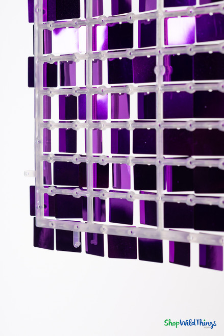 Back view of shimmer sequin wall panel featuring clear hard plastic grid backing with snap connectors and hanging square PVC sequins, modular backdrop system by ShopWildThings.com