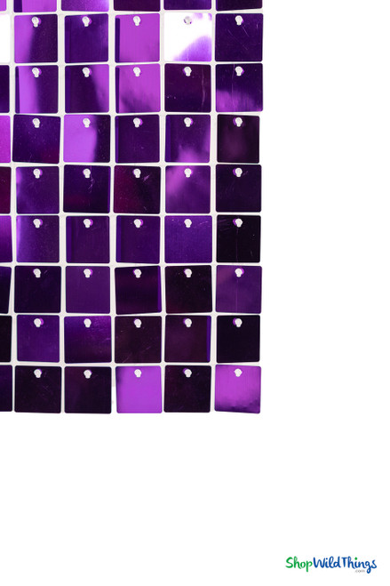 Close-up of purple shimmer sequin wall panel showing square reflective PVC spangles and smooth high-shine finish on modular event backdrop panel from ShopWildThings.com