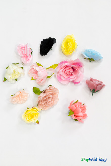 Artificial rose and peony flower garland assortment laid flat on white background showing mixed pastel colors and clear hanging string – ShopWildThings.com