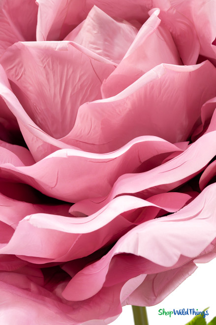 Oversized pink rose bloom close up – realistic giant flower prop with layered petals – ShopWildThings