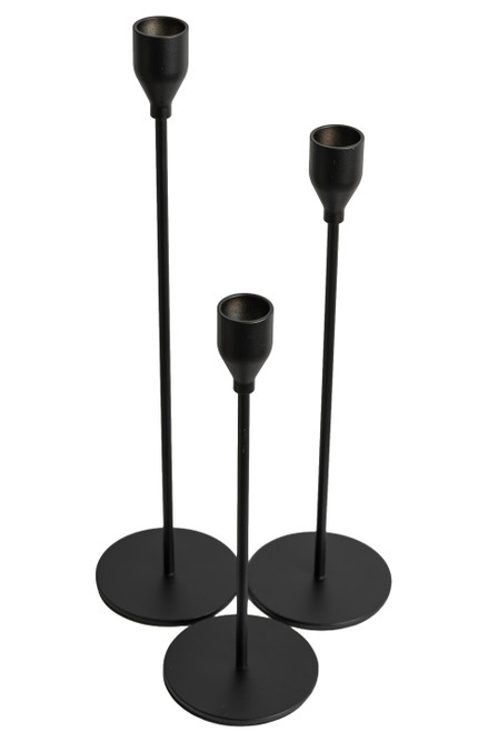 Minimalist matte black long stem candle holder set of three with round bases and sleek taper cups for modern event decor