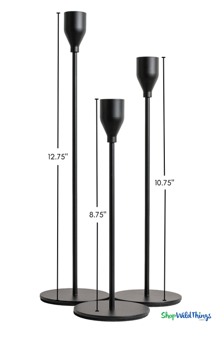 Matte Black Long Stem Metal Candle Holder Set of 3 showing height dimensions 8.75 inch, 10.75 inch, and 12.75 inch taper candle holders by ShopWildThings