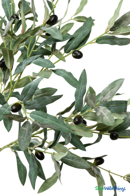 Close up of artificial olive interchangeable branch showing realistic olives and textured olive leaves for event decor trees – ShopWildThings