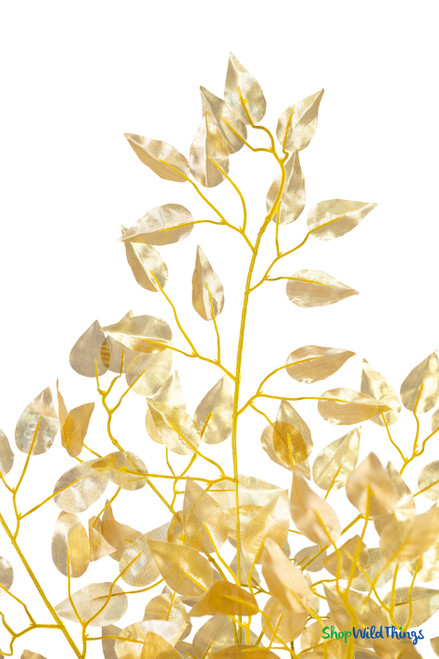 Detailed view of shimmering gold ficus foliage on interchangeable decorative tree branch – ShopWildThings