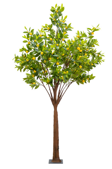Full view of 7.5 ft artificial lemon tree with bright yellow citrus fruit and realistic leaves, decorative faux fruit tree for events and displays – ShopWildThings