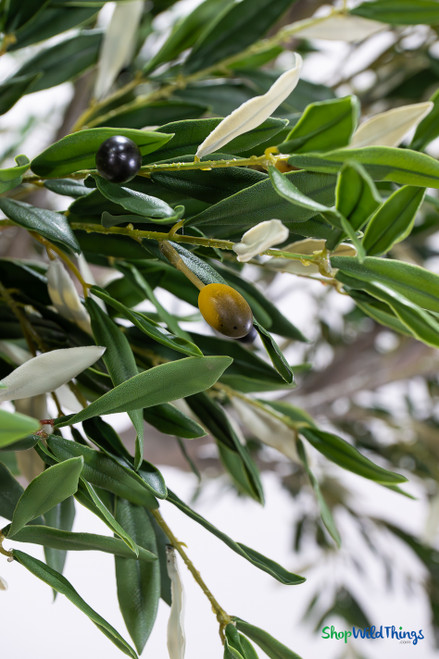 Close-up of artificial olive tree leaves and olives showing realistic foliage detail on large faux olive tree from ShopWildThings