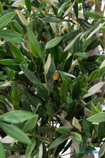 Close-up of artificial olive tree leaves and olives showing realistic foliage detail on large faux olive tree from ShopWildThings