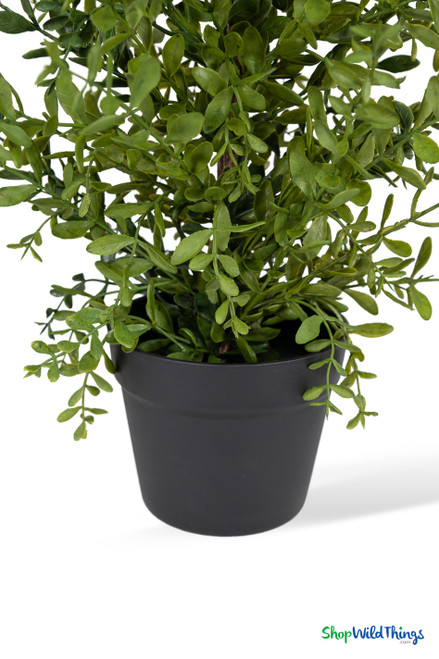 Artificial boxwood tree base detail with black plastic pot and trunk 36 inch faux greenery decor ShopWildThings.com
