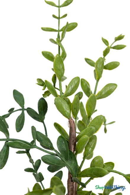 Macro detail of artificial boxwood leaves showing lifelike color variation and texture faux plant ShopWildThings.com