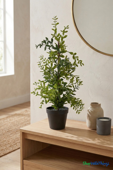 Artificial boxwood tree 24 inch tabletop faux plant in black plastic pot realistic greenery decor ShopWildThings.com