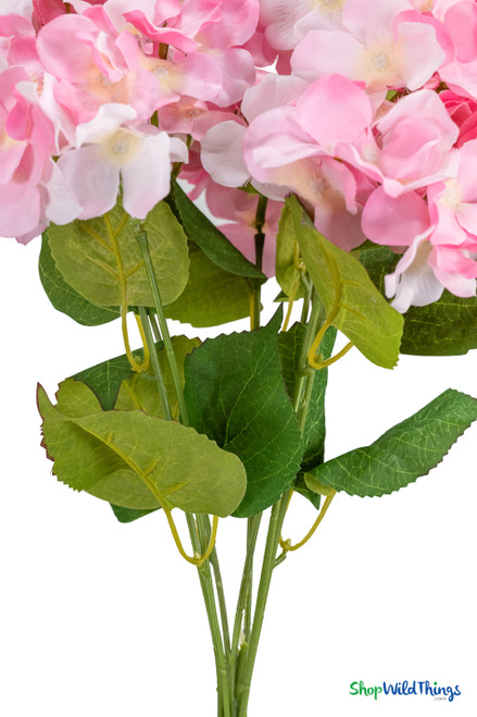 Detailed view of artificial hydrangea bush stems and green leaves with lifelike texture – ShopWildThings.com
