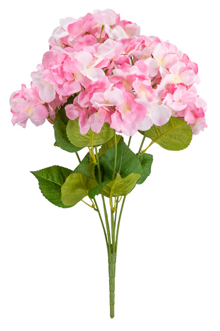 Full view of 20 inch artificial pink and white hydrangea bush with lush blooms and green leaves – ShopWildThings.com