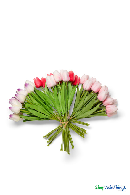 assorted artificial tulip bundles in multiple colors fanned out real feel tulips for wedding decor ShopWildThings.com