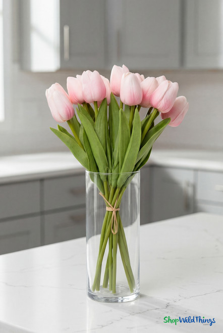 12 stem real feel pink tulip bundle 12.5 inch artificial tulips with green leaves faux floral bouquet ShopWildThings.com