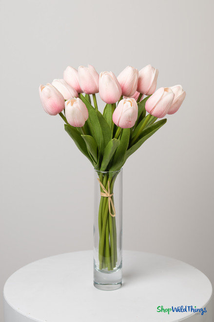 12 stem real feel pink tulip bundle 12.5 inch artificial tulips with green leaves faux floral bouquet ShopWildThings.com