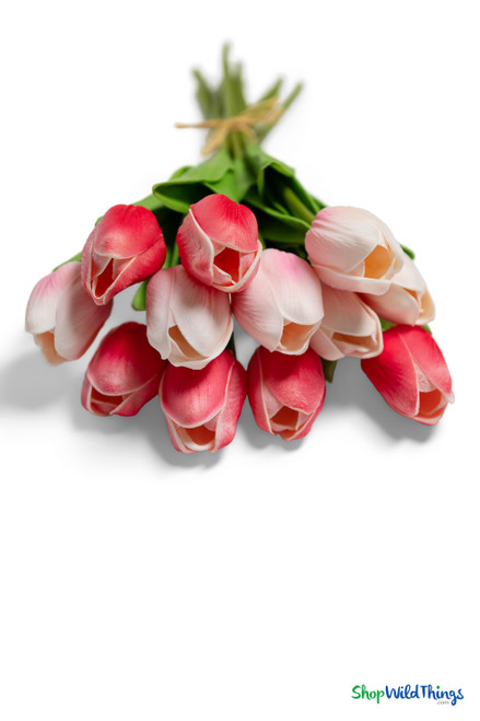 close up of pink and rose real feel tulip blooms showing soft petal texture and natural color variation artificial flowers ShopWildThings.com