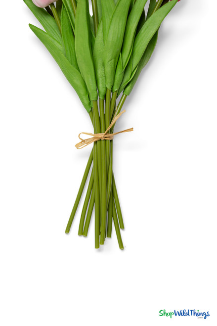 close up of artificial tulip stems and leaves showing flexible green stems real feel pink and rose tulip bundle ShopWildThings.com