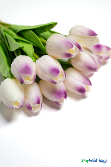 12 Pc Purple and White Tulip Bundle, Artificial Wedding Bouquet, Bendable Centerpiece Flowers, Quality Florals by ShopWildThings.com