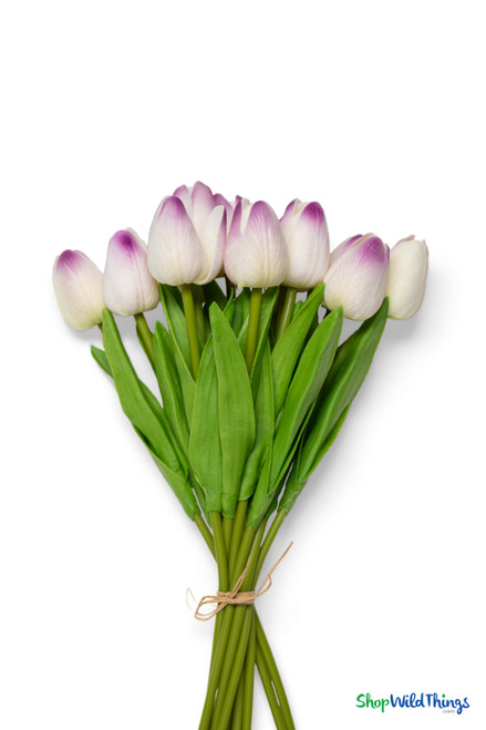12 Pc Purple and White Tulip Bundle, Artificial Wedding Bouquet, Bendable Centerpiece Flowers, Quality Florals by ShopWildThings.com
