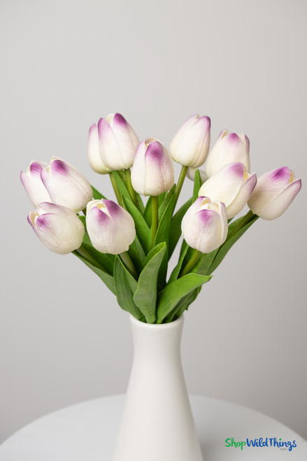 12 Pc Purple and White Tulip Bundle, Artificial Wedding Bouquet, Bendable Centerpiece Flowers, Quality Florals by ShopWildThings.com