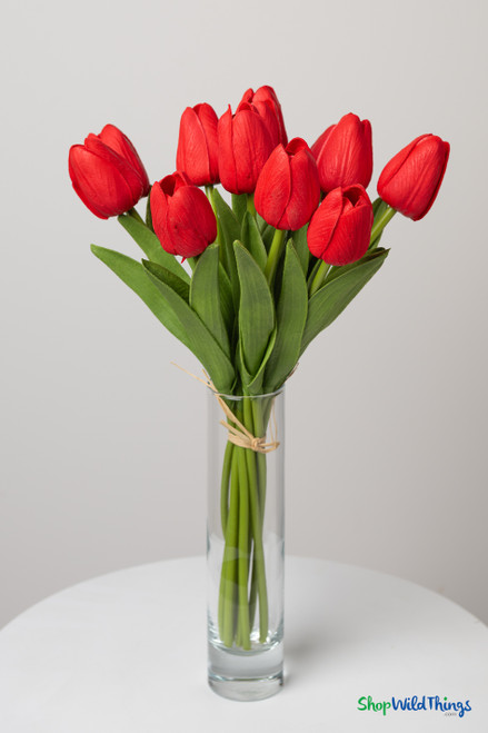 12 Pc Red Tulip Bundle, Artificial Wedding Bouquet, Bendable Centerpiece Flowers, Quality Florals by ShopWildThings.com