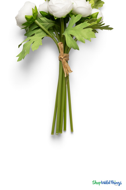 Artificial white ranunculus stems tied with raffia showing flexible green stems and realistic construction – ShopWildThings.com