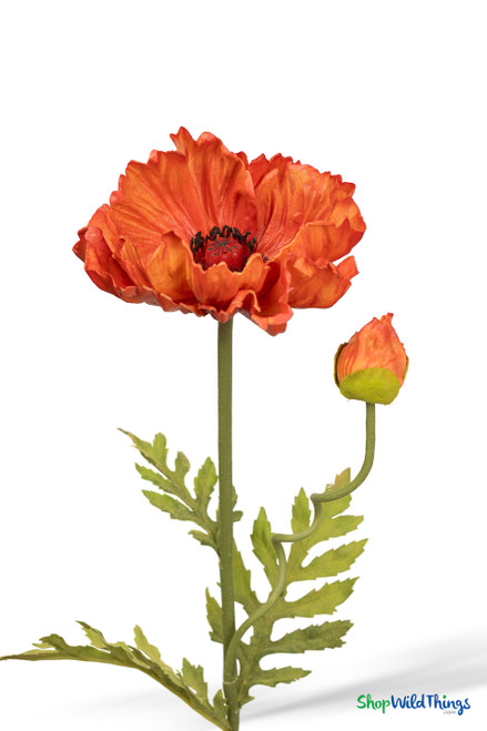 Single Stem with Flower and Bud Orange Poppy Flower, Artificial Wedding Bouquet, Bendable Centerpiece Flowers, Quality Florals by ShopWildThings.com