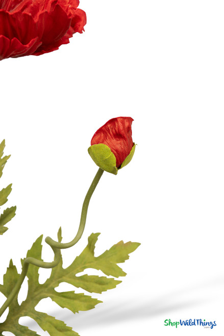Realistic red poppy bud on curved stem with soft-touch petals and green sepals, detailed artificial floral design