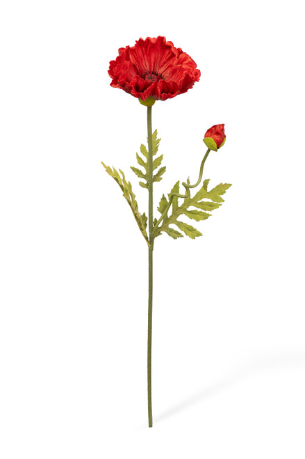 Artificial red poppy stem 25 inches tall with realistic open flower and bud, soft-touch petals and textured green stem