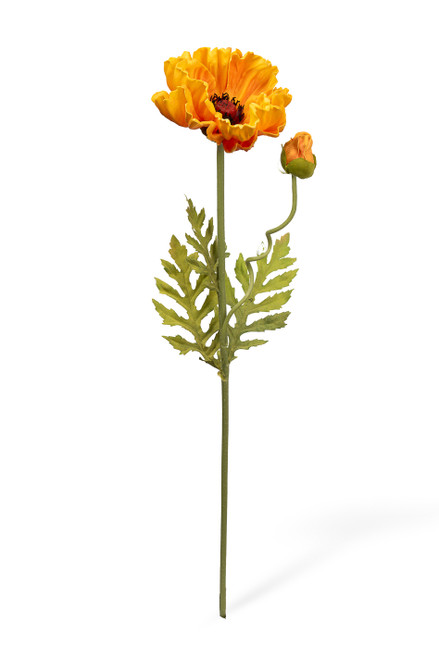 Artificial yellow orange poppy stem 25 inches tall with realistic open flower and bud, soft-touch petals and textured green stem