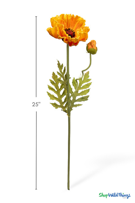 25" Real Feel yellow orange poppy stem with one open bloom and one bud, full length view with natural green foliage and bendable stem