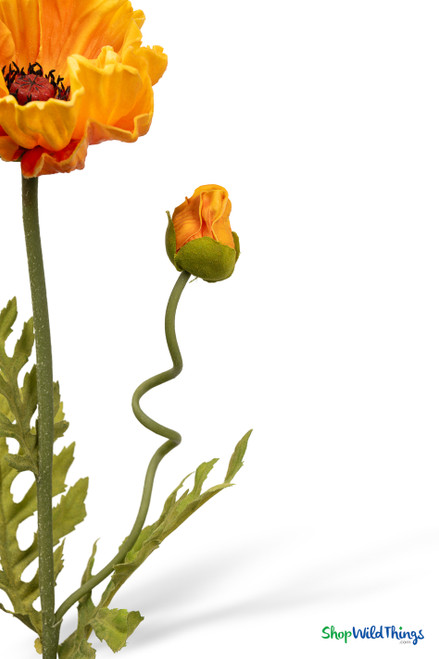Realistic yellow orange poppy bud on curved stem with soft-touch petals and green sepals, detailed artificial floral design