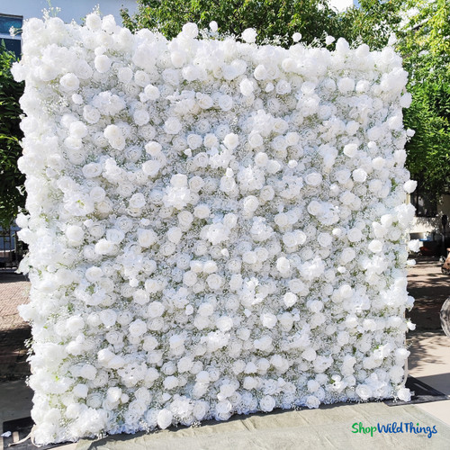 8x8 White Artificial Flower Wall Panel backdrop with dense roses, hydrangeas and baby’s breath, outdoor event installation – ShopWildThings.com