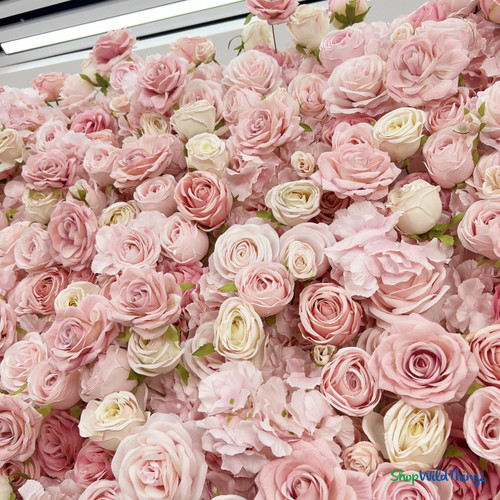 close up ivory and soft pink artificial roses 5D flower wall realistic floral texture ShopWildThings.com
