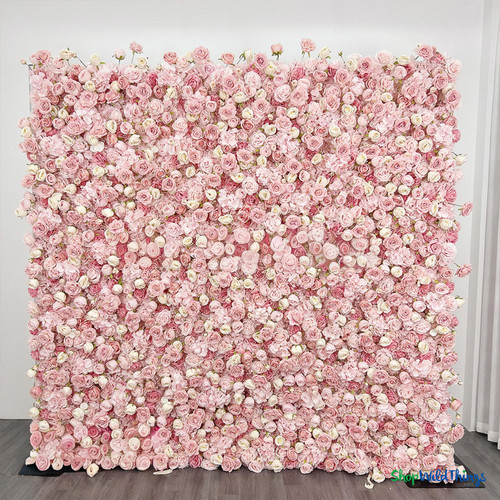 8x8 ivory and pink rose flower wall backdrop fabric backed roll up 5D floral panel event decor ShopWildThings.com