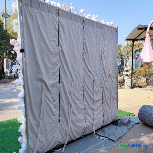 back view of 8x8 fabric backed flower wall with rod pocket top, easy roll-up floral backdrop, ShopWildThings.com