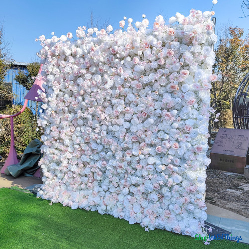 8 foot by 8 foot white and soft pink flower wall backdrop angled view, dense 5D rose floral wall, ShopWildThings.com