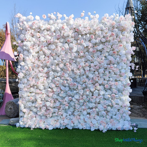 large white and blush pink rose flower wall backdrop for events, 8x8 premium 5D floral wall, ShopWildThings.com