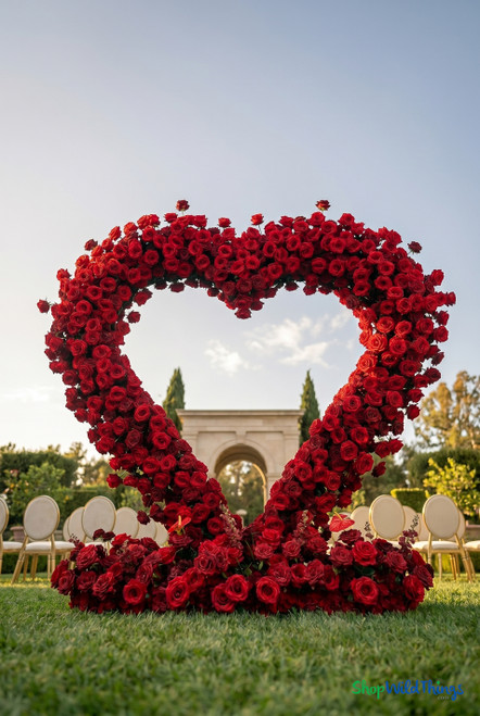 Large crimson rose heart arch outdoor wedding aisle backdrop premium silk rose floral installation ShopWildThings.com