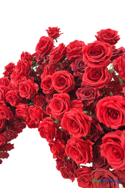 Premium red silk roses close up dense floral texture crimson heart arch high grade artificial roses ShopWildThings.com