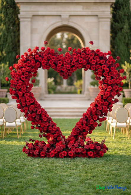 Heart shaped red rose floral arch wedding ceremony backdrop luxury outdoor venue crimson silk roses arch ShopWildThings.com