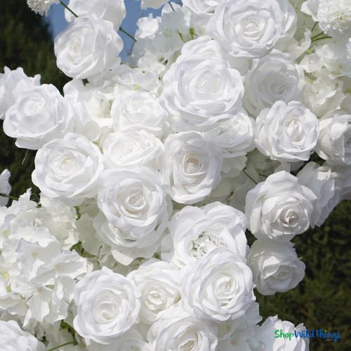 White silk roses and floral detail close up premium artificial flower texture wedding arch ShopWildThings.com