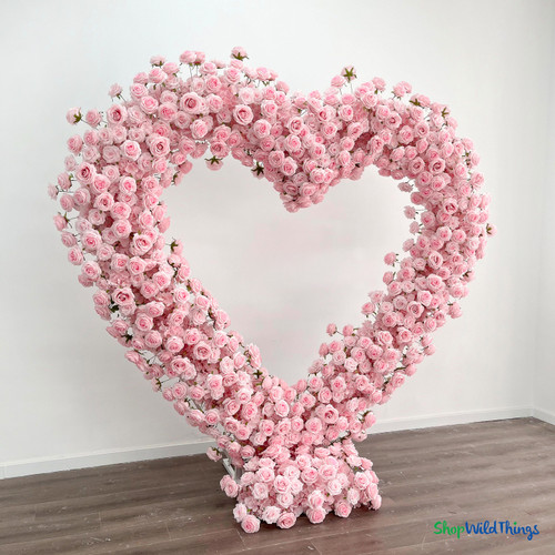 Large pink rose heart arch seamless floral wedding backdrop luxury silk flowers ShopWildThings.com