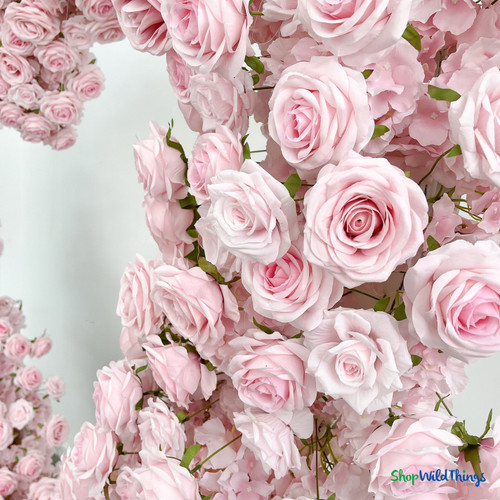 Soft pink silk roses close up premium artificial floral texture heart arch wedding decor ShopWildThings.com