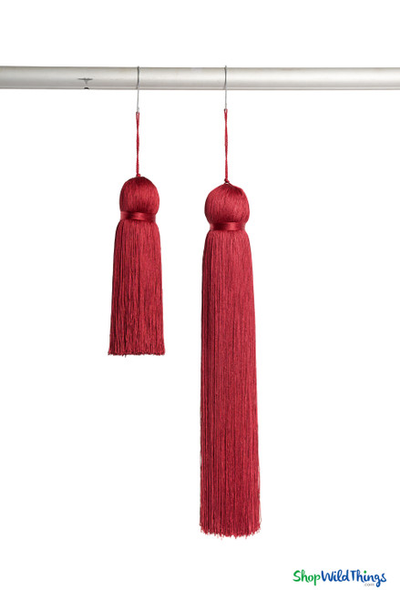 Deep Red Fringe Tassel 12" Long x 4" Diameter  with dense strands and sleek finish, ideal for event backdrops, stages | ShopWildThings.com