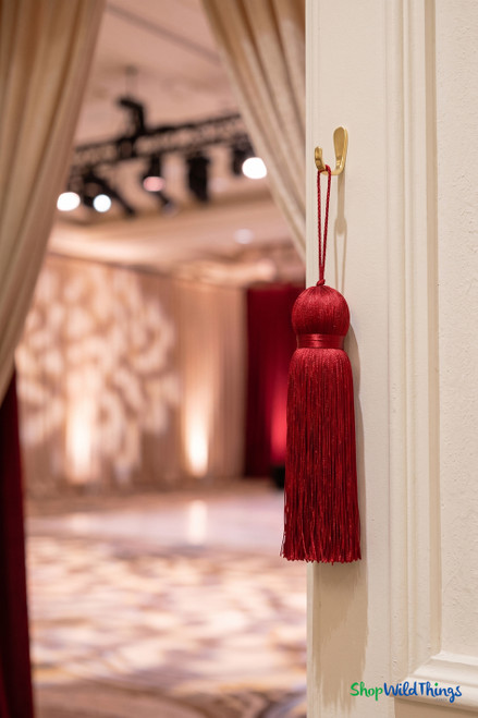 Deep Red Fringe Tassel 12" Long x 4" Diameter  with dense strands and sleek finish, ideal for event backdrops, stages | ShopWildThings.com