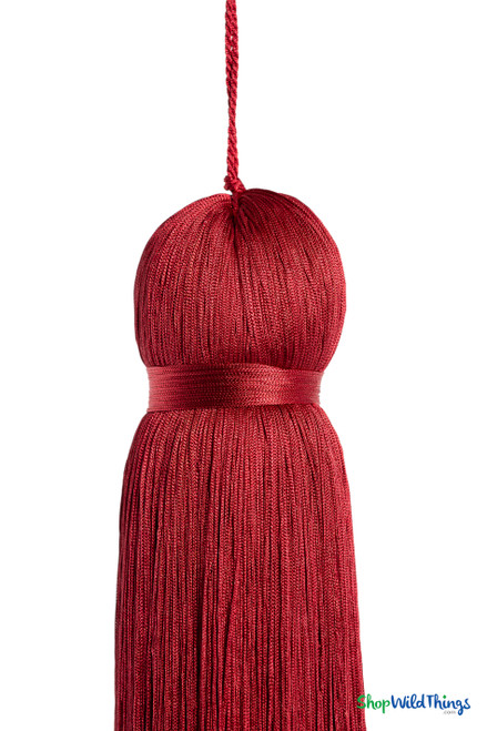 Deep Red Fringe Tassel 12" Long x 4" Diameter  with dense strands and sleek finish, ideal for event backdrops, stages | ShopWildThings.com