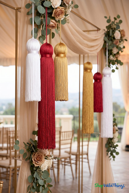 Deep Red Fringe Tassel 24" Long x 4" Diameter  with dense strands and sleek finish, ideal for event backdrops, stages | ShopWildThings.com