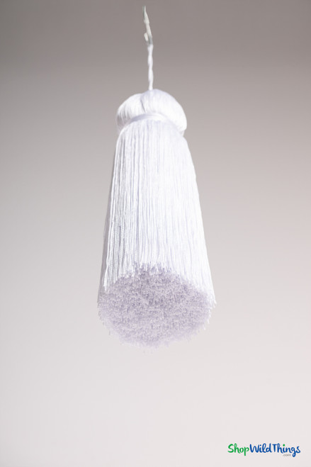 Bright White Fringe Tassel 12" Long x 4" Diameter  with dense strands and sleek finish, ideal for event backdrops, stages | ShopWildThings.com