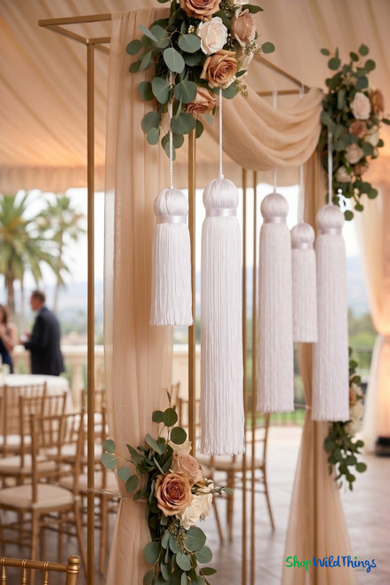Bright White Fringe Tassel 24" Long x 4" Diameter  with dense strands and sleek finish, ideal for event backdrops, stages | ShopWildThings.com